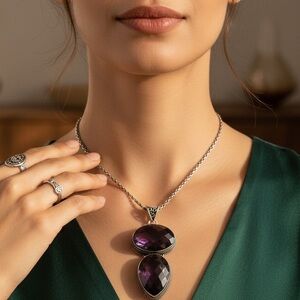 Antique Amethyst Pendant Necklace, Sterling Silver, Charm Gemstone, State…